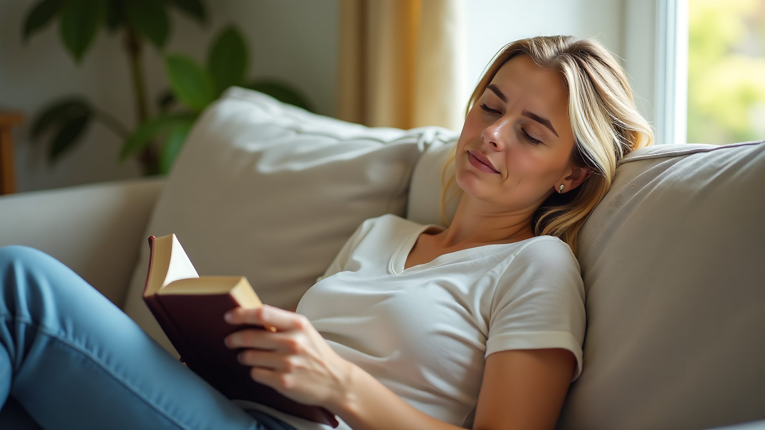 white woman blonde hair chronic fatigue resting couch book cozy living room moment understanding